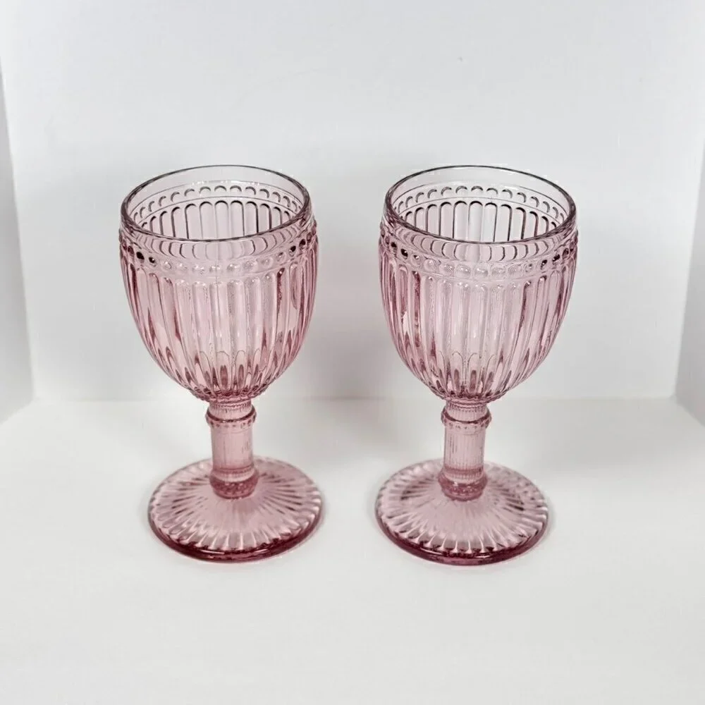 Rosanna Wine Glasses Set of 2 8 OZ Pink Thick Glass Fancy French Country Boho